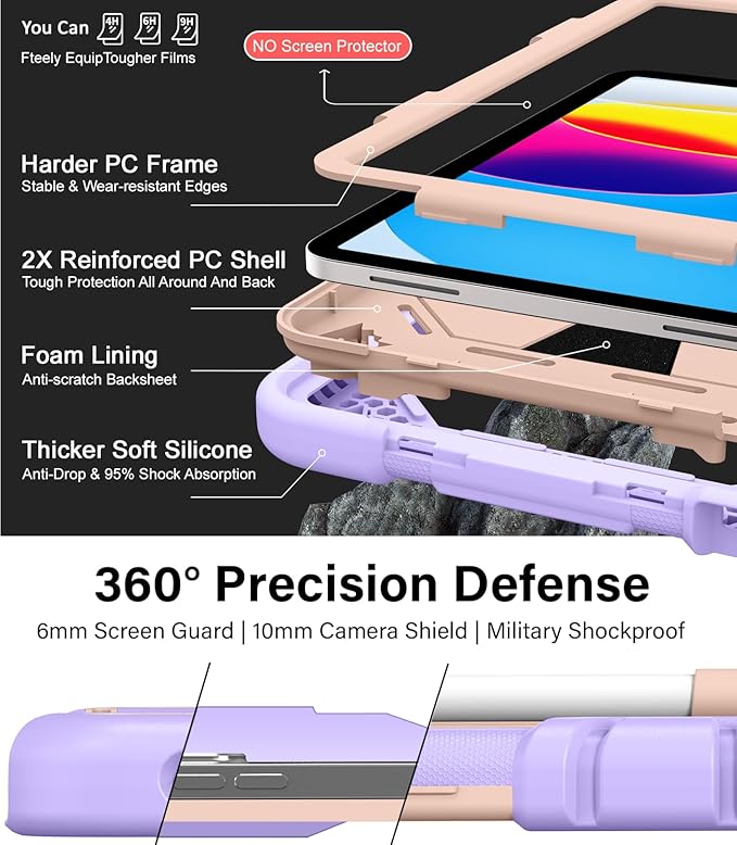JKSML Case for iPad (A16) 11th/10th Gen | 360° Rugged Rotating Stand | Pencil Holder | Adjustable Shoulder Strap | Heavy Duty Drop Protective Cover for iPad 10.9 (2022)/ 11 (2025) - Purple Rose-z