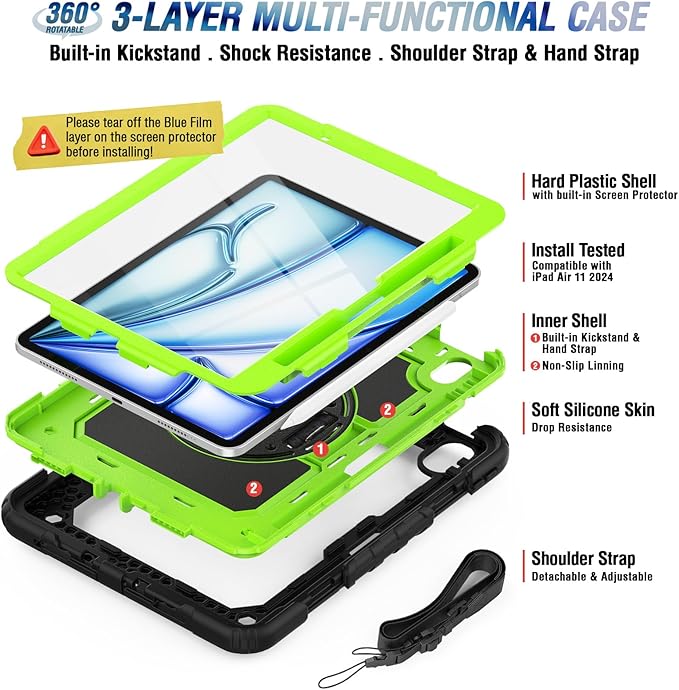 Herize Compatible with iPad Air 11 Inch 7th/6th Generation with Screen Protector | Shockproof Case for iPad Air 11 Inch M3/M2 2025/2024 | Full-Body Silicone Protective Case W/Hand Strap Shoulder Strap