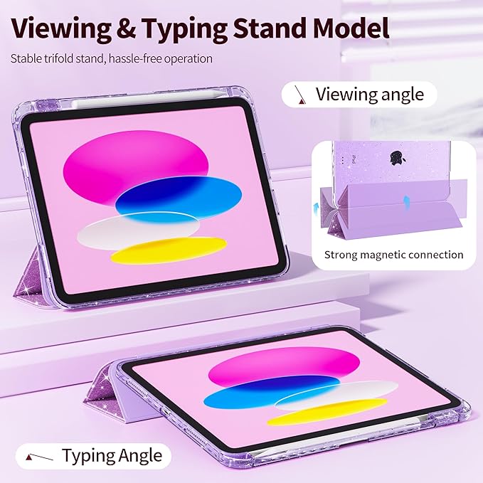Tuiklol Sparkly Case for iPad (A16 Chip) 11th Gen 11 inch 2025 / iPad 10th Gen 10.9 inch 2022 Built in Pencil Holder with Glitter Clear Back Shell Cover Trifold Stand Auto Wake/Sleep Sparkly-Purple