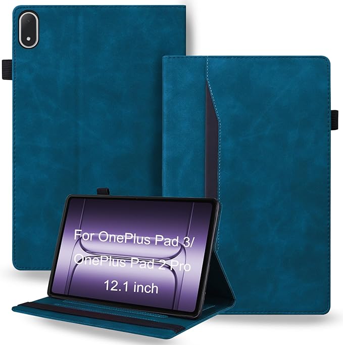Shockproof Case for OnePlus Pad 3 / OnePlus Pad 2 Pro 13.2 inch Released 2025 - Retro PU Leather + TPU Hybrid Protective Cover with Anti-Slip Grip Strap &amp Card Slots -Peacock Blue