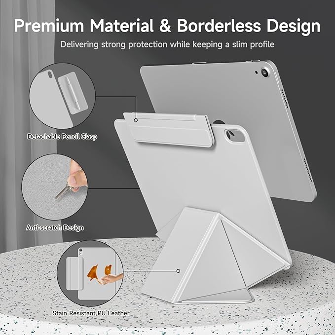 kenke Magnetic Case for iPad 11 Inch A16 2025/10th Generation 10.9 Inch 2022 with Detachable Clasp Slim Strong Magnetic Multi-fold Stand Cover with Pencil Holder Auto Wake/Sleep Light Gray