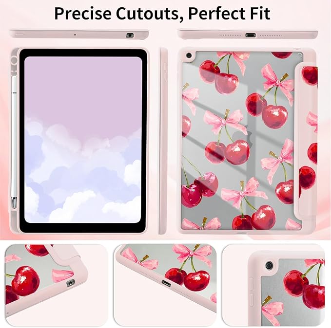 Lovely Cherry Case for iPad mini 7 (A17 Pro) 2024 / iPad mini 6 2021 8.3 Inch with Pencil Holder Cute Bow Girly Pink Leather Clear Back Shell Foldable Protective Cover