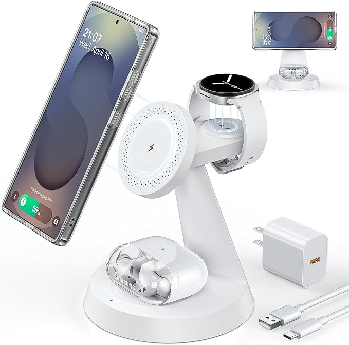 Magnetic Wireless Charger for Samsung 3 in 1 Charging Station Compatible with MagSafe Charger for Samsung Galaxy S26 Ultra Z Fold7/Flip7 Watch Charger Stand for Galaxy Watch Ultra 8 for buds White