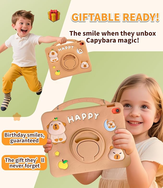 Capybara Kids Case for iPad (A16) 11th Generation 11 inch 2025 / iPad 10th Gen 10.9 2022-3D Cute Silicone Cover for Girls with 360° Rotating Stand Adjustable Strap Pencil Holder-Brown