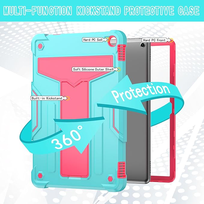 Case for Amazon Fire HD 10 Tablet 10.1 Inch Display (13th Generation 2023 Released) - Heavy Duty Hybrid Kickstand Case Cover + 1 Screen Protector and 1 Random Stylus (Teal/Pink)