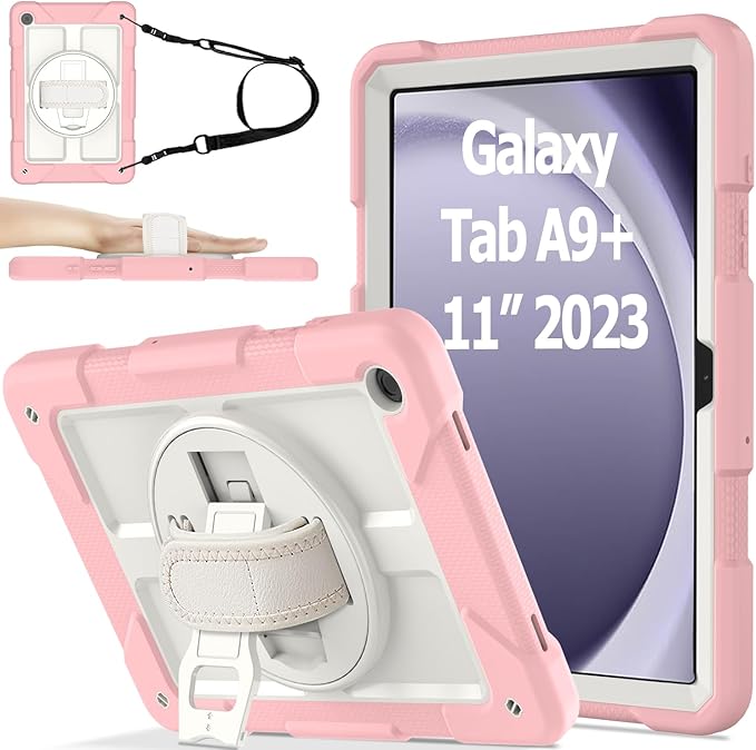 AVAWO Case for Samsung Galaxy A9+ Plus 11 inch 2023 with 360° Swivel Handle Strap Cover with Lanyard Pink and Beige