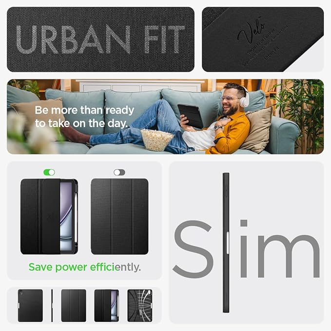 Spigen for iPad Air 11 Inch Case M4 (2026) iPad Air 11 Inch Case M3/M2 (2025-2024) 10.9 Inch 5th/4th Generation Case (2022/2020) Urban Fit Premium Fabric Tri-Fold Cover Black