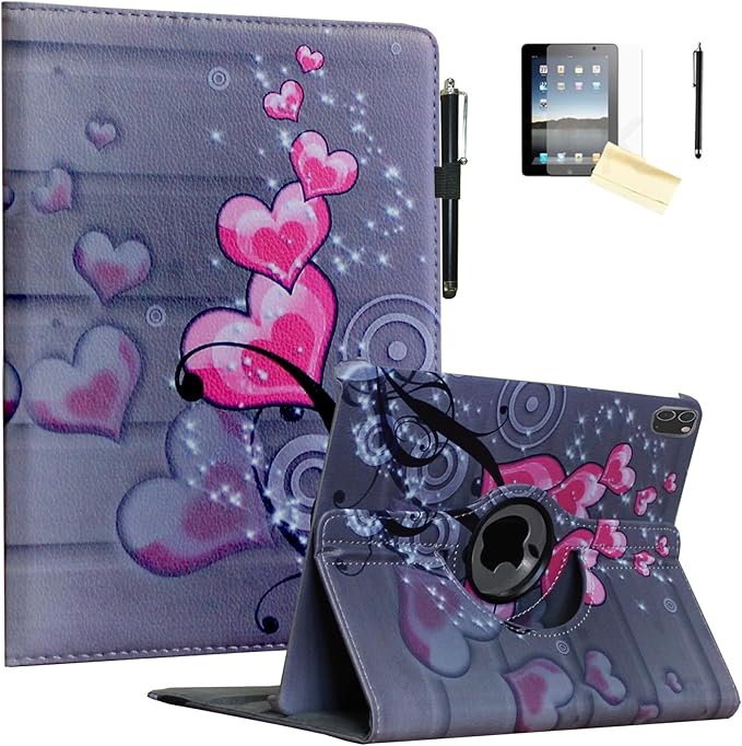 Case for iPad Pro M5 11 2025 / Pro M4 11-Inch 2024 Rotating Stand Smart Cover for A3357 A3361 A3362 A2836 A2837 A3006 (Heart Flower)