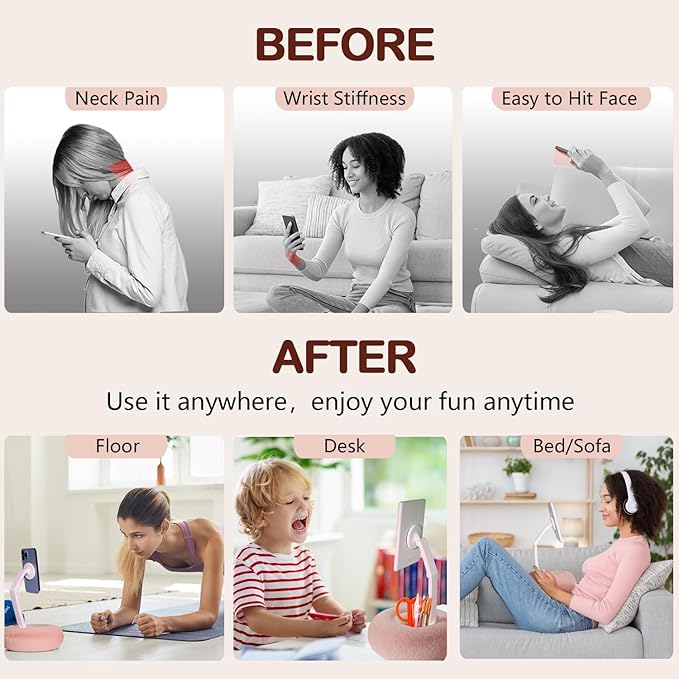 Upgraded Magnetic Kindle Holder for Bed Dual-Axis 360° Adjustable Pillow Stand with Bowl &amp Suction Cup Base Compatible with 3.5–7 Kindle E-Reader iPhone &amp Android Phones Pink
