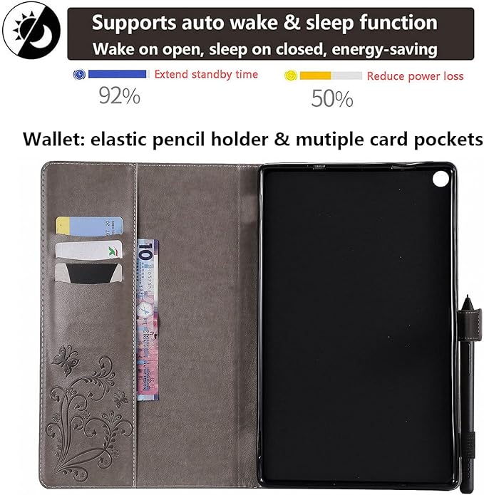 Kindle Fire HD 10 Tablet 2019/2017 Case 9th/7th Generation 10.1 with Pencil Holder Pockets [Auto Sleep/Wake] Folio Stand Embossed PU Leather Magnetic Smart Wallet TPU Cover Gray Butterfly