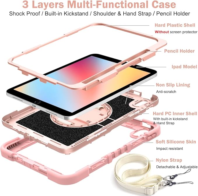 Dteck for iPad A16/10th Generation 2025/2022360° Rotate Hand Strap/Stand Full-Body Drop Rugged Protective Case with Shoulder Strap Kids Case for iPad 10th Generation iPad 10.9 Inch 2022Rosegold