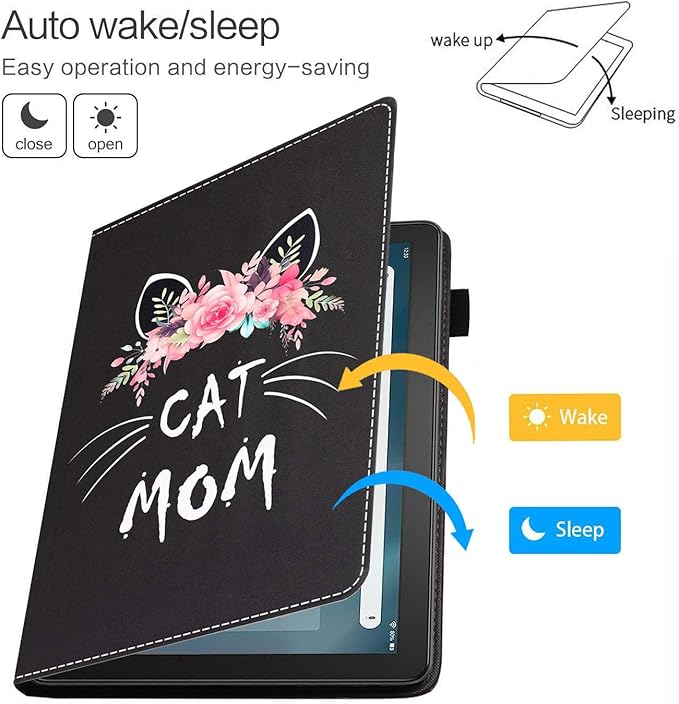 Case for Amazon Kindle Fire HD 10 &amp 10 Plus Tablet 10.1 (13th/11th Generation 2023/2021 Release) - Premium PU Leather Cover with Auto Sleep Wake Floral Cat Mom