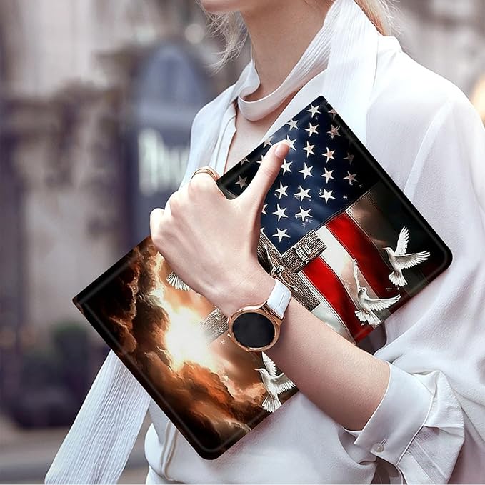 FUYOCWE for Fire HD 10 Tablet Case (13th Generation2023 Release10.1) PU Leather Multi-Angle Folding Stand Smart Flip Cover for Amazon Kindle Fire HD 10 13th Gen-American Flag with Cross Dove