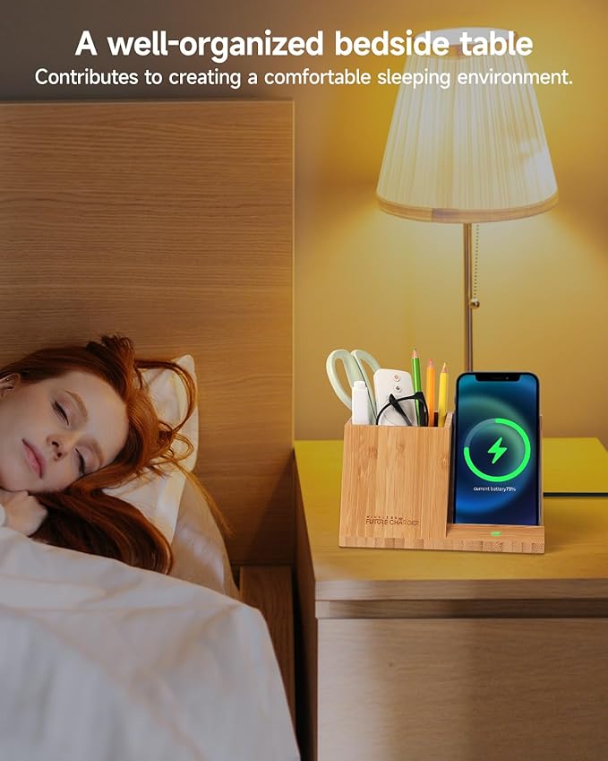 Bamboo Pen Holder for Desk &amp Nightstand Organizer with Fast Wireless Charging for iPhone Samsung &amp More – Office Desk Accessories for Men/Women (Bamboo)