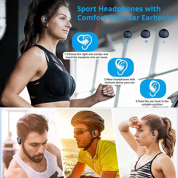 TWS BX 17 Bluetooth 5.3 Wireless Earbuds 48hour Playtime HiFi Headphones Over-Ear Headset Sports IPX7 Waterproof Built-in Microphone Digital Power LED Display Powerful Stereo Bass Earphone (Black)
