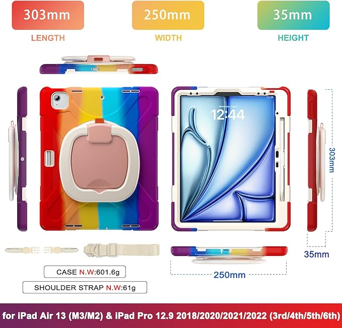 MEEgoodo Case for iPad Air 13 inch 2025 (M3) /2024 (M2) &amp iPad Pro 12.9 Case 6th/5th/4th/3rd Generation 2022 2021 2020 2018 Tablet Cover with Pencil Holder/Rotating Stand/Shoulder StrapColourful