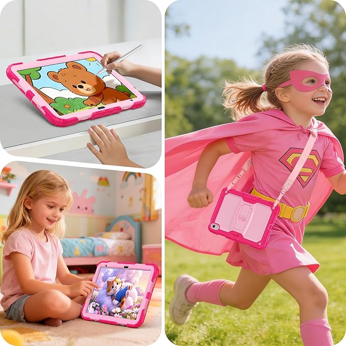 HXCASEAC Kids Case for iPad A16 11th/10th Generation Full Body Protective Design | Foldable Stand | Screen Protector | Pencil Holder Durable for iPad 11th Gen 11 inch / 10th Gen 10.9 inchHot Pink