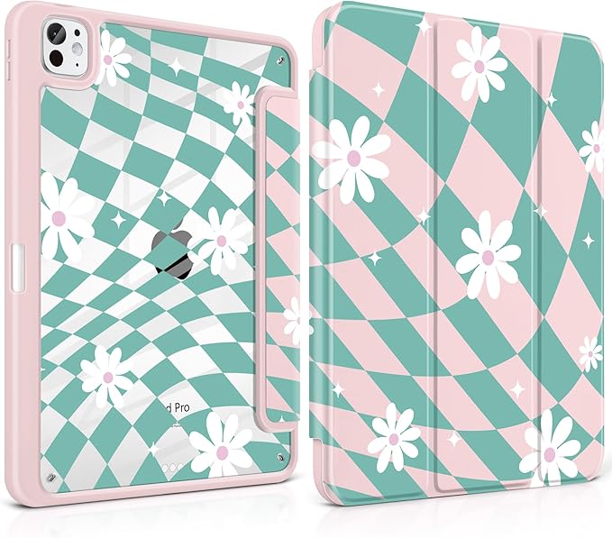 DONGKE for iPad Pro 11-Inch Case (M5 2025 / M4 2024) 6th/5th Generation [Auto Sleep/Wake &amp Pencil Pro Holder] Clear Acrylic Back Smart Trifold Stand Cover Checkered &amp Daisy