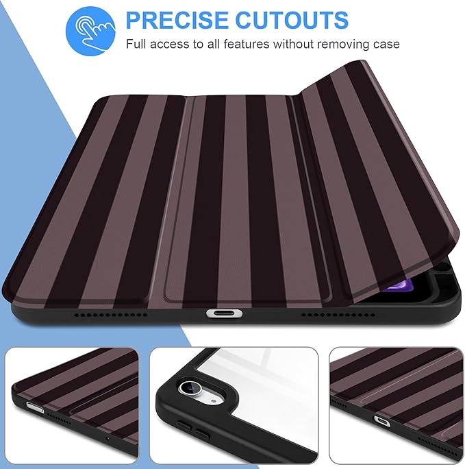 DONGKE Case for iPad Air 11-inch M4 2026 &amp M3 2025 &amp M2 2024 iPad Air 5th/4th Generation 10.9 2022/2020 [Built-in Pencil Holder] Clear Acrylic Back Trifold Stand Smart Cover Brown Stripes