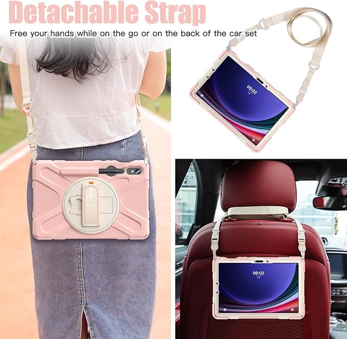 BRAECNstock for Samsung Galaxy Tab S10 Lite/ S10 FE/ S9 FE/ S9/ S8/ S7 5G Case 10.9/11 Shockproof Protective Kids Case with Pen Holder Rotating Hand Strap &amp Stand Shoulder Strap Sakura Pink