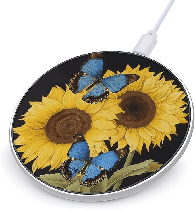 Yellow Sunflowers with Blue Butterflies Wireless Charger Fast Wireless Charging Pad with USB Cable 10W Anti-Slip Magnetic Wireless Charger Portable Slim Charger Puck Travel Charging Station