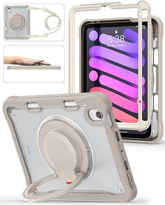 BRAECN for iPad (a17 pro) Mini 7/Mini 6 Case 2024/2021 8.3 inch with Pencil Holder Protective Clear Ring Handle 360 Rotating Stand Shockproof Dropproof Rugged Carrying Shoulder Strap Kids Friendly