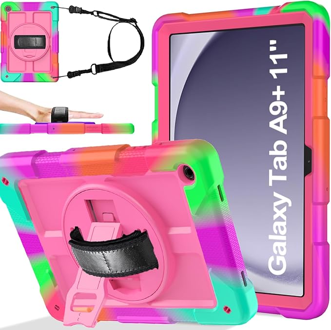 BMOUO CASE for Samsung Galaxy Tab A9+ Plus Case 11 2023 (SM-X210/X216/X218) Shockproof Galaxy Tab A9 Plus Case with Rotating Stand and Hand/Shoulder Strap Magenta