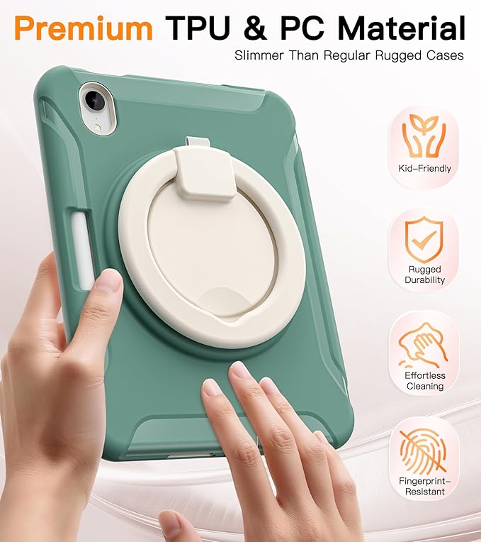 BATYUE Shockproof Case for iPad mini 7 (A17 Pro)/ Mini 6 8.3 inch (2024/2021) - 360° Multi-Angle Stand (Portrait &amp Landscape) &amp Grip Built-in Pencil Holder Jade Green