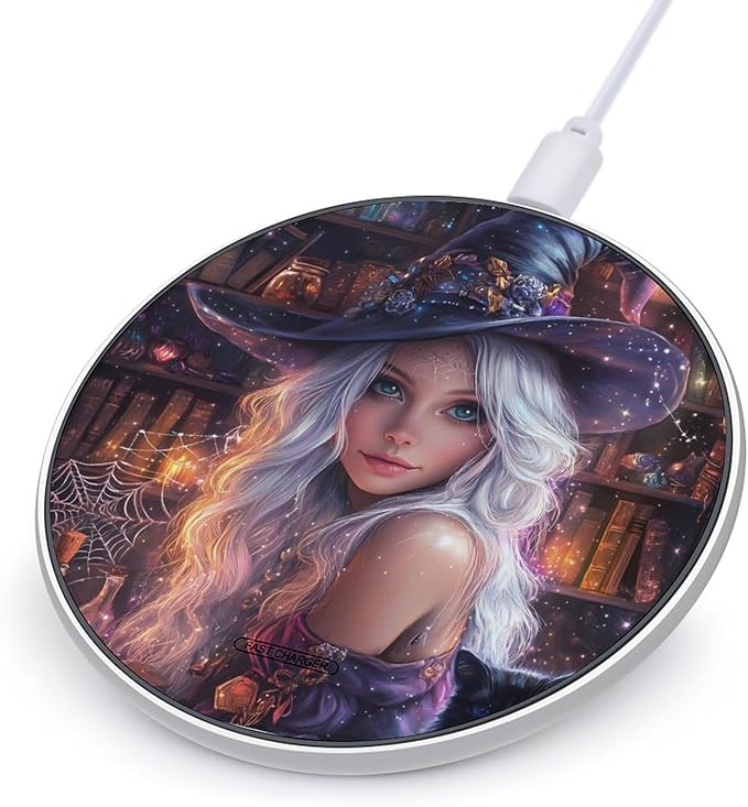 Halloween Beautiful Witch Cat Wireless Charger Anti-Slip Wireless Charging Pad Slim Charger Mat for Men Women
