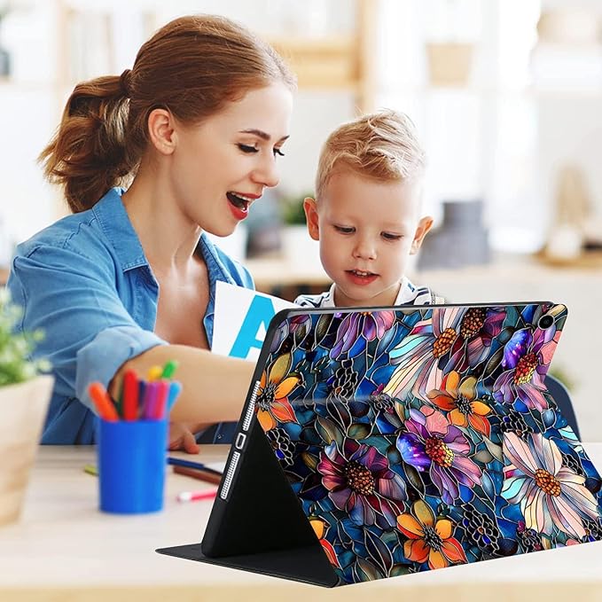 Compatible with iPad Air 13 inch Case (M3 2025 /M2 2024)/12.9 inch Case (6th/5th/4th/3rd 2022/2021/2020/2018) with Pencil HolderAuto Wake/Sleep Protect CoverArtistic Stained Glass Floral