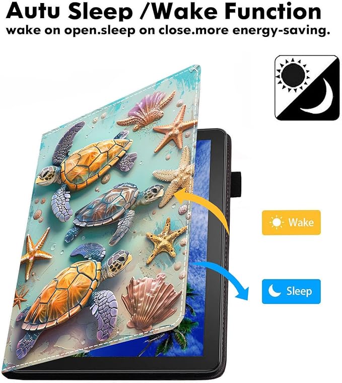 Case for Amazon Kindle Fire 7 Tablet (7 9th/7th Generation 2019/2017 Release) Slim PU Leather Cover with Card Slot &amp Auto Wake/Sleep Turtle Starfish Shell