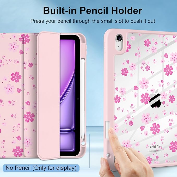 MecBevia Case for iPad Air 11-inch M4 2026 / M3 2025 / M2 2024 Slim Protective Cover with Built-in Pencil Holder Auto Wake/Sleep Pink Petals