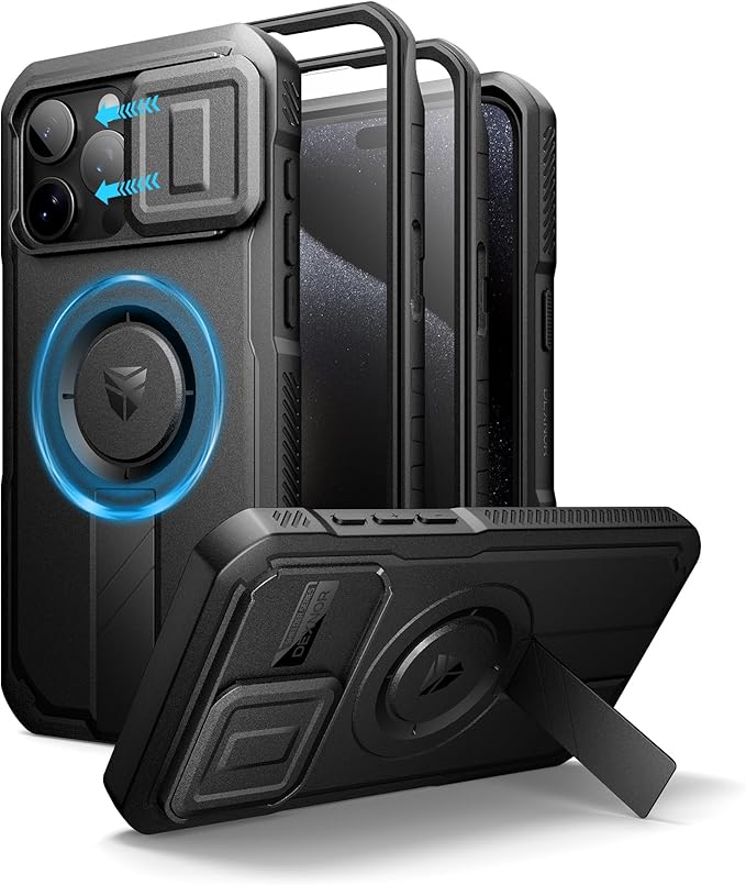 Dexnor for iPhone 15 Pro Max Case with Slide Camera Cover &amp Adjustable Kickstand &amp Built-in Screen Protector Magnetic Rugged Shockproof Bumper Cases Heavy-Duty Magnetic Protective CoverBlack