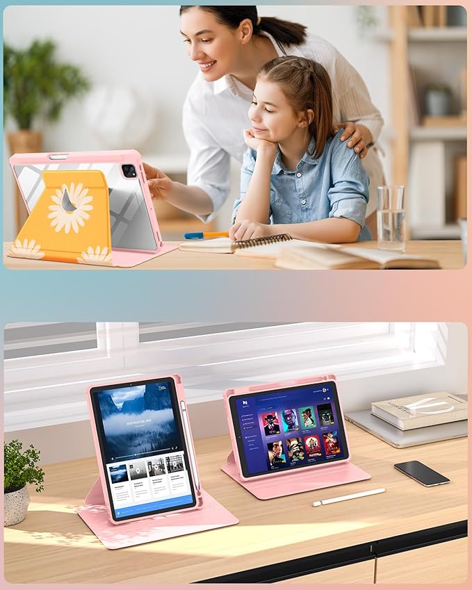 for iPad Air 11 inch Case Air 5th/4th Generation 10.9 Pro 11'' Case Women Girls for Apple Pencil Holder Girly Cute Yellow Flower Rotating Folio Cover for iPad Air 5/4 (2022/2020)/Pro 11