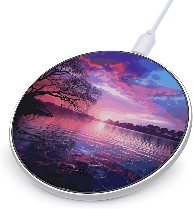 Purple Sunset on Water Wireless Charger Fast Wireless Charging Pad with USB Cable 10W Anti-Slip Magnetic Wireless Charger Portable Slim Charger Puck Travel Charging Station