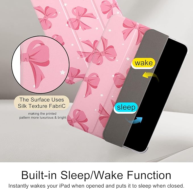 case for ipad 11th Generation11 Inch 2025 (A16 Chip) &amp 10th Gen 10.9 Inch 2022 - Slim Scratch-Resistant Hard PC Translucent Back Shell SmartCover Wake/Sleep FunctionPink Bow