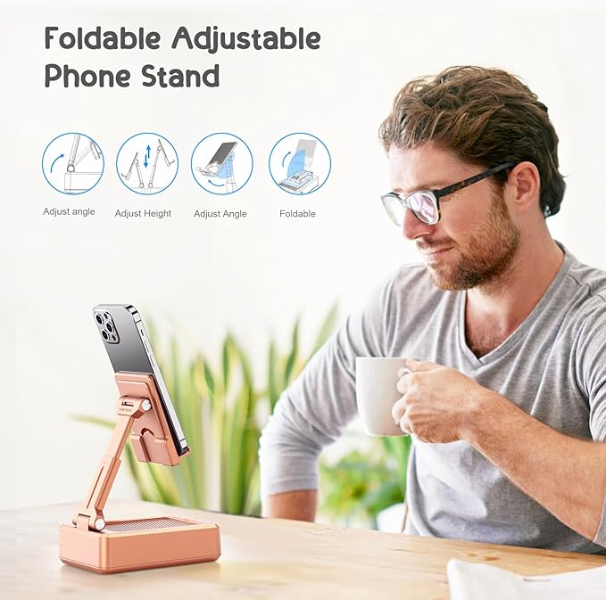 TechGlow Gifts for Men Women Foldable Cellphone Stand with Bluetooth Speaker and Charging Function Birthday Gift Idea for Mom Dad Cool Gadget Tech Gifts-Rose Gold