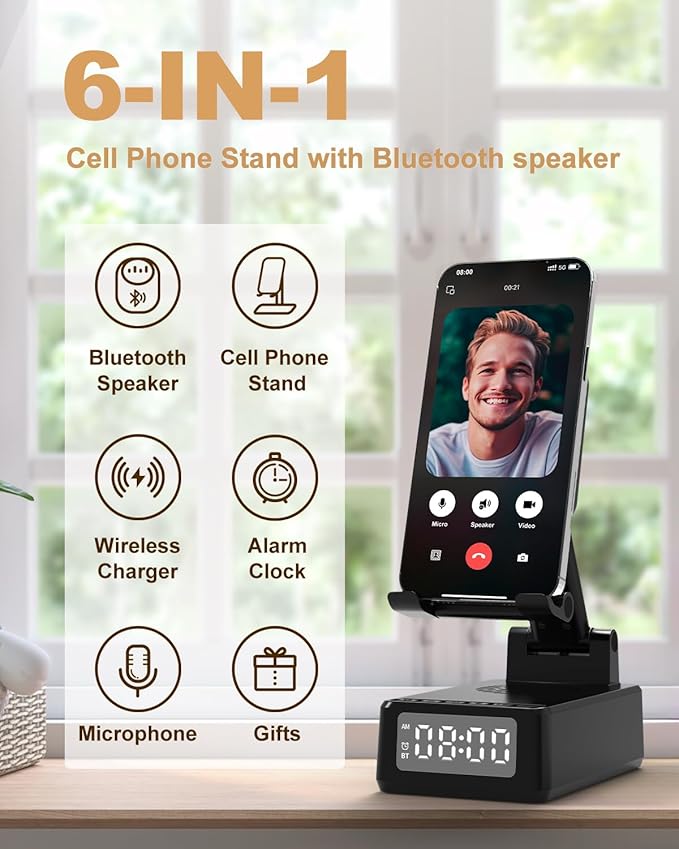 Gifts for Men Cell Phone Stand with Wireless Bluetooth Speaker and Wireless Charger Phone Charger Stand with Digital Alarm Clock for iPhone Birthday Gifts for MenBoyfriendDadWomenChristmas