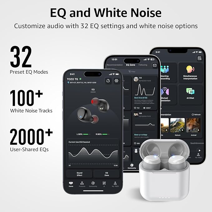 TOZO T6 Wireless Earbuds IPX8 Waterproof Ear Buds Stereo Bass Sound Bluetooth 5.3 Headphones in Ear 50 Hours Playtime Earphones Wireless Charging Case Custom 32 EQ via APP