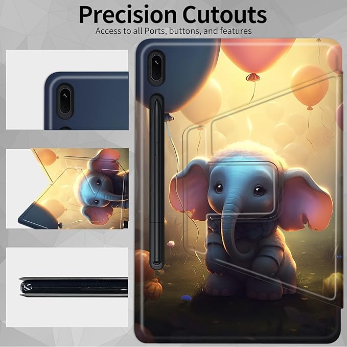 Case for Samsung Galaxy Tab S8 Plus 2022/S7 FE 2021/S7 Plus 2020 12.4 Inch Cute Elephant Theme 360 Degree Rotating Stand Smart Protective Cover for Samsung S7 FE Tablet