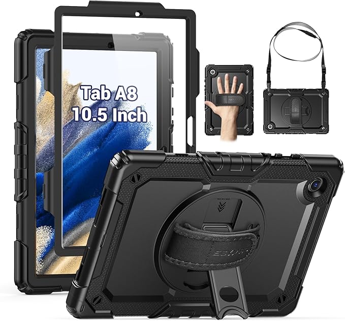 SEYMAC for Samsung Galaxy Tab A8 Case 10.5 Inch (SM-X200/ X205/ X207) Heavy Duty Full-Body Shockproof Protective Case with Screen Protector Rotating Stand Hand/Shoulder Strap and Pen Holder Black