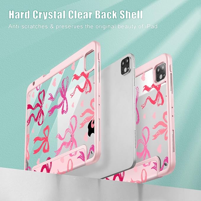 May Chen for iPad Pro 11 inch M2 4th Generation 2022 iPad Pro 11 3rd/2nd/1st Gen Case with Transparent Shockproof Back Cover [Built-in Pencil Holder Auto Sleep/Wake Bow Ribbon