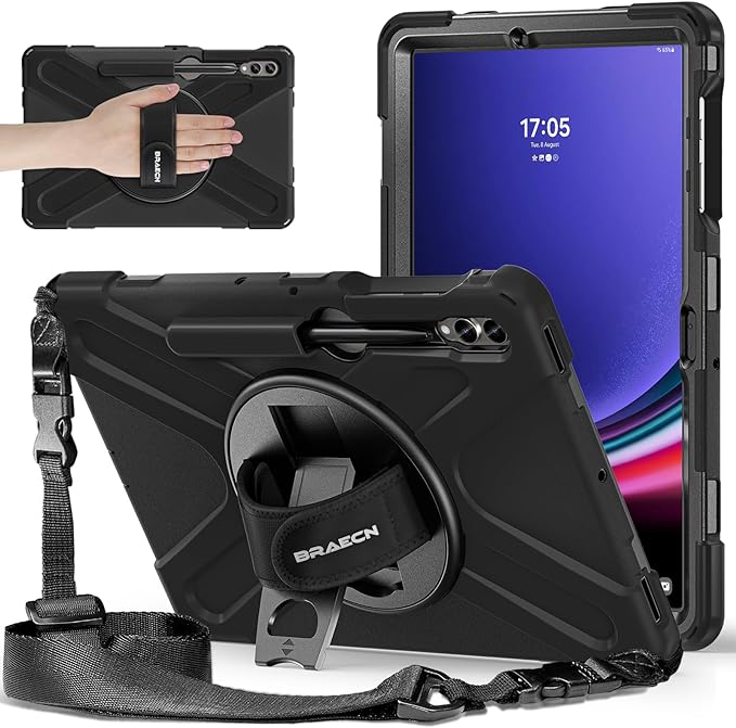 BRAECNstock for Samsung Galaxy Tab S10+ Plus/ S9 FE+ Plus/ S9+ Plus/ S8+ Plus/ S7 FE/ S7+ Plus 5G Tablet Case 12.4 inch Shockproof Protective Case with Pen Holder Rotating Stand &amp Hand Strap - Bla