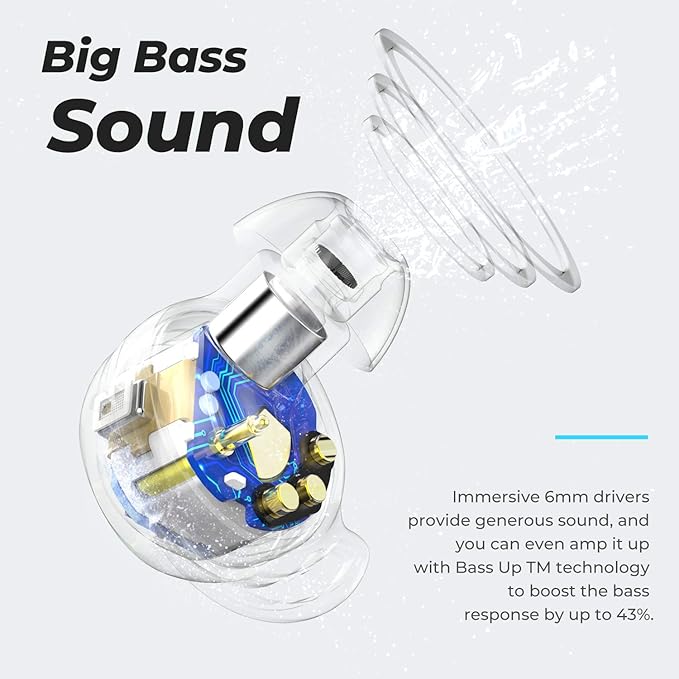 Tribit Wireless Earbuds 110H Playtime Bluetooth 5.3 IPX8 Waterproof Touch Control True Wireless Bluetooth Earbuds with Mic Earphones in-Ear Deep Bass Built-in Mic Bluetooth Headphones FlyBuds 3