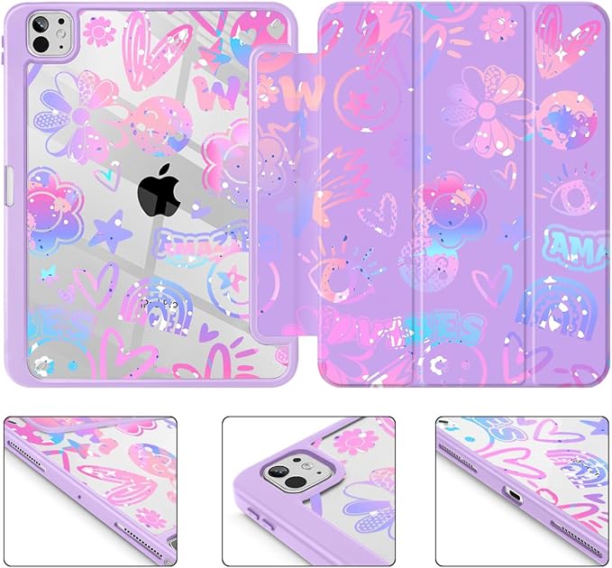 Tuiklol for iPad Pro 11 Inch (M5 2025 / M4 2024) Case Buit-in Pencil Holder with Slim Clear Back Cover Protection Trifold Stand-Auto Wake/Sleep Tablet Case Black Flower Fun Emotions