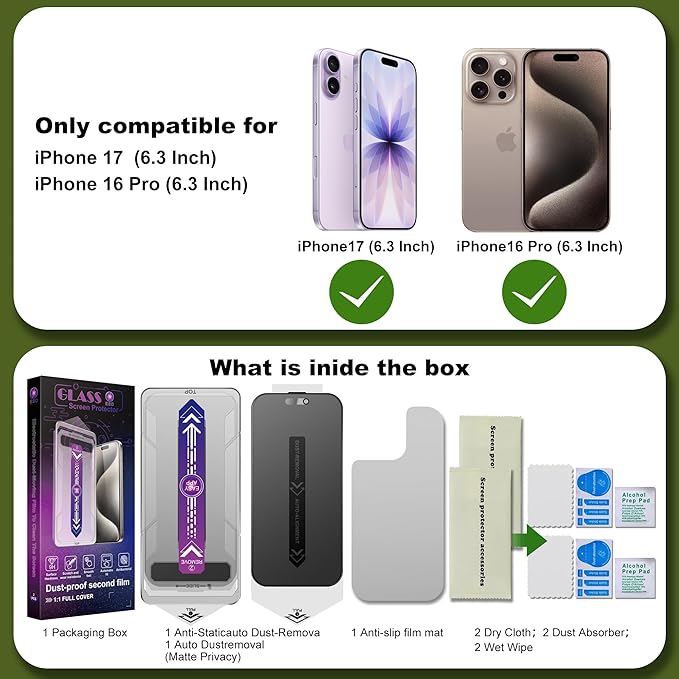 2 Pack Matte Privacy Screen Protector for iPhone 17 &amp iPhone 16 Pro 6.3 - Anti-Glare Anti-Spy Tempered Glass 9H Scratch Resistant Smooth Responsive Touch &amp Easy Installation
