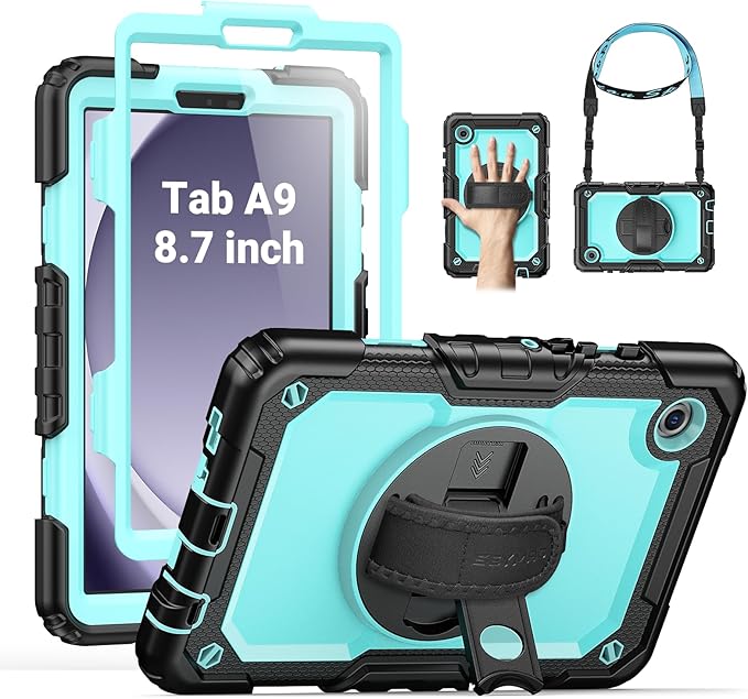 SEYMAC for Samsung Galaxy Tab A9 Case 8.7″ 2023 (SM-X110/X115/X117) Heavy Duty Shockproof Protective Case with Screen Protector Rotating Stand Hand/Shoulder Strap and Pen Holder Light Blue