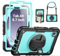 SEYMAC for Samsung Galaxy Tab A9 Case 8.7″ 2023 (SM-X110/X115/X117) Heavy Duty Shockproof Protective Case with Screen Protector Rotating Stand Hand/Shoulder Strap and Pen Holder Light Blue