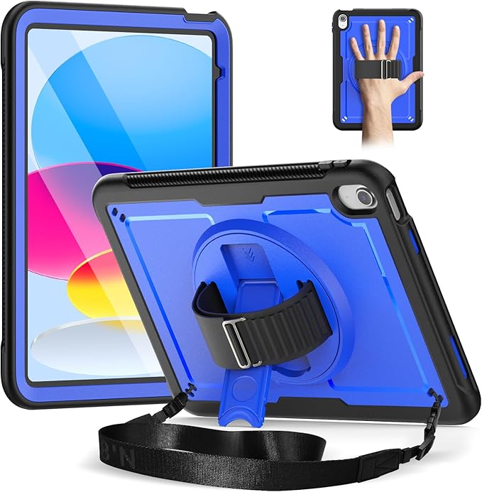 Timecity Case for iPad 11th/10th Generation 2025/2022: with Screen Protector 360 Rotating Stand Hand Strap Shoulder Strap Pencil Holder Full-Body Shockproof Protective Case -Darkblue