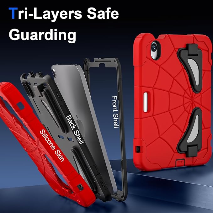 Kids Case for iPad mini 7 A17 Pro 2024/ Mini 6 8.3 inch Spider Case for iPad mini 7th 6th Generation Shockproof Durable Full Protective Cover with Pencil Holder Kickstand (Red+Black)